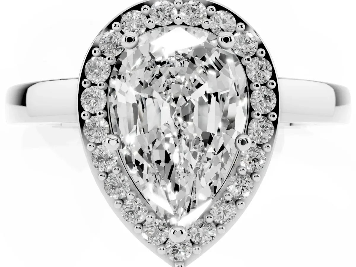 Pear Cut Halo Diamond Ring with Solitaire Band and Prong Setting Silver