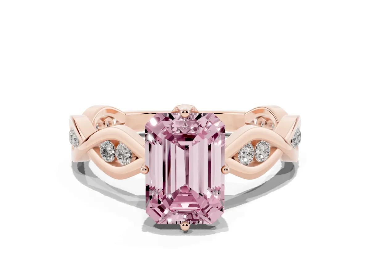 Fancy Pink Emerald Cut Solitaire Twist Band with Leaf Prong Setting Rose gold