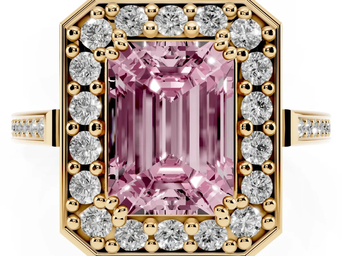 Fancy Pink Emerald Cut Diamond Halo Ring with Split Shank and Four-Prong Setting Yellow gold