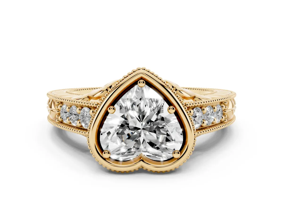 Bezel Set Heart Cut Diamond Milgrain Pave Engagement Ring Yellow gold
