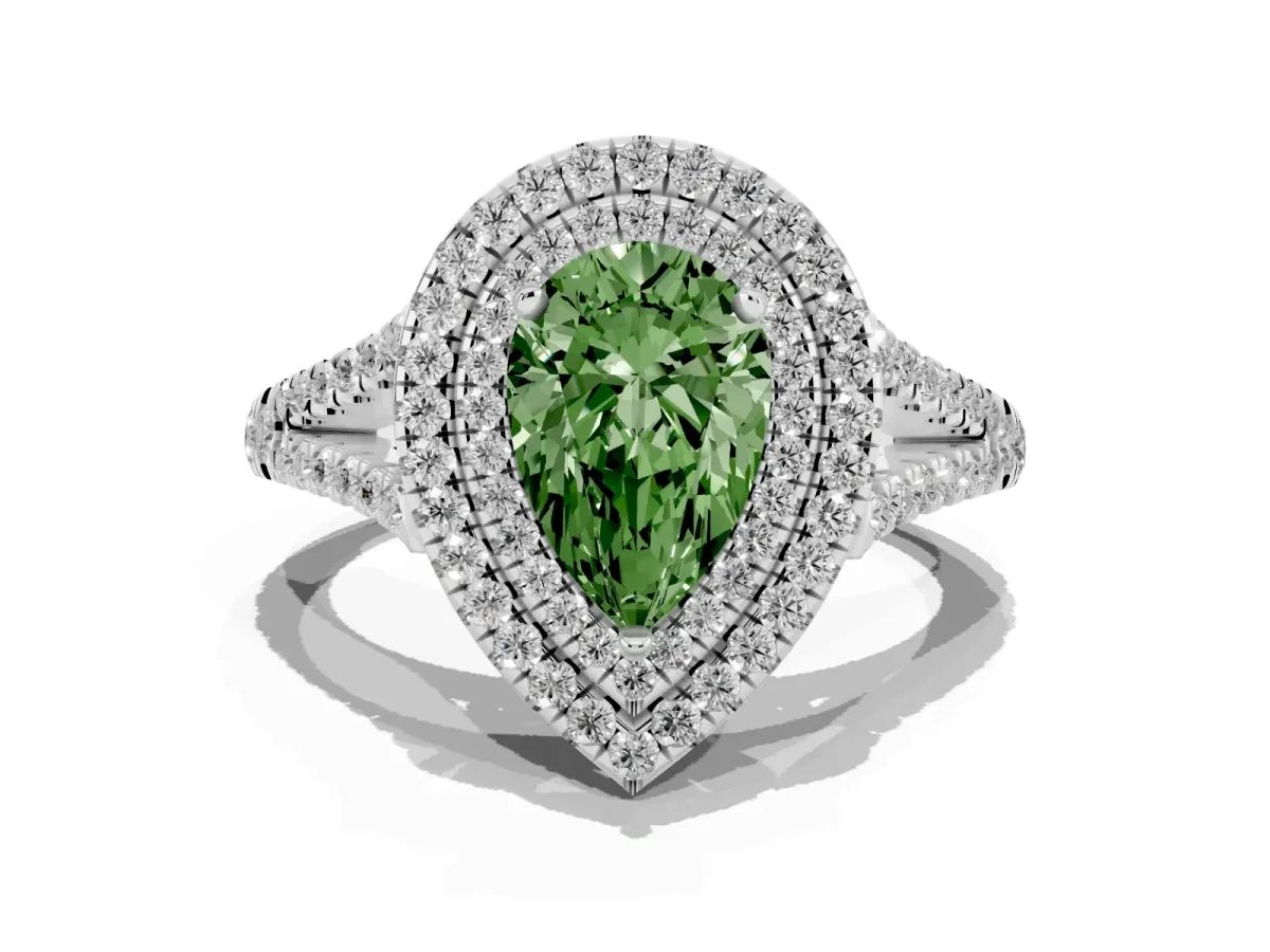 Fancy Green Pear Cut Diamond Double Halo Ring with Pavé Band and Prong Setting Silver