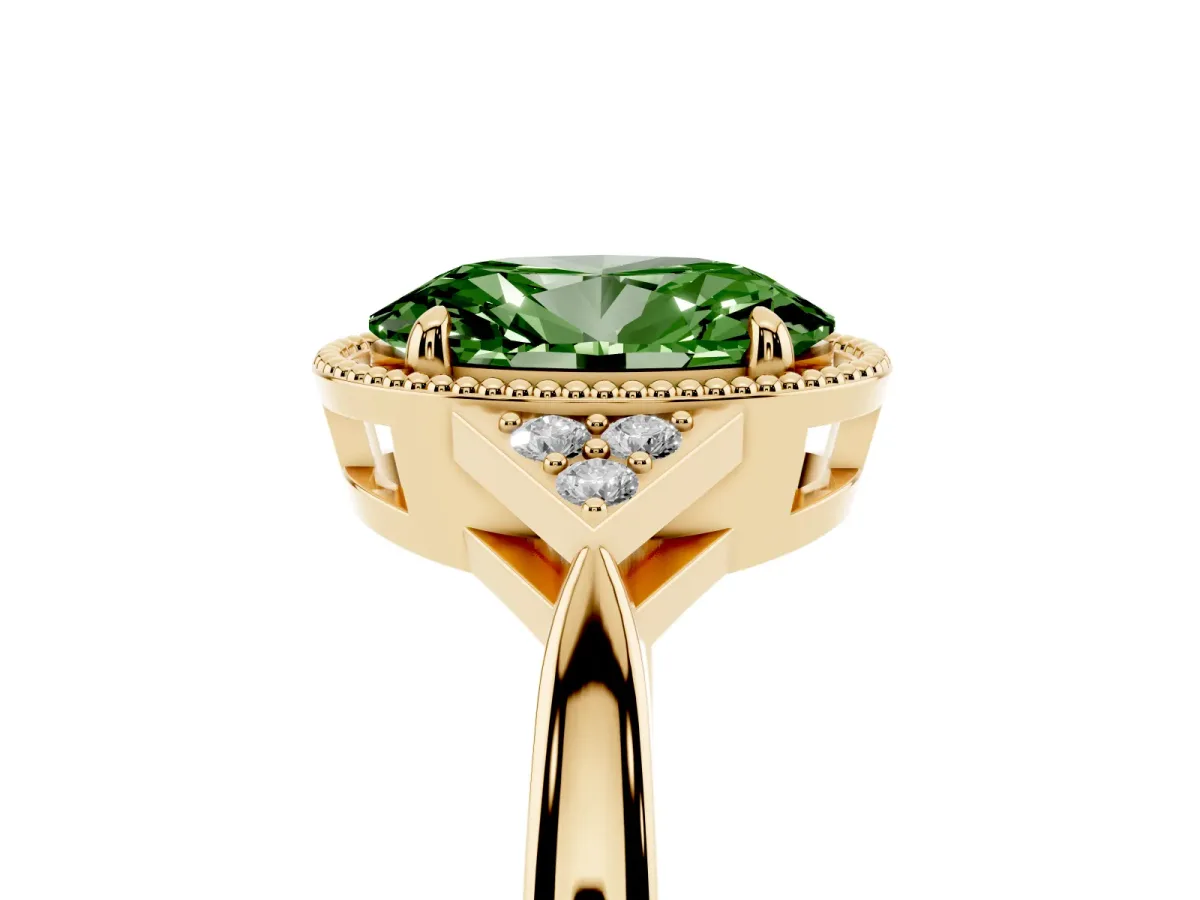 Fancy Green Hexagonal Halo Oval Cut Diamond Solitaire with Pavé Band and Four-Prong Setting Yellow gold