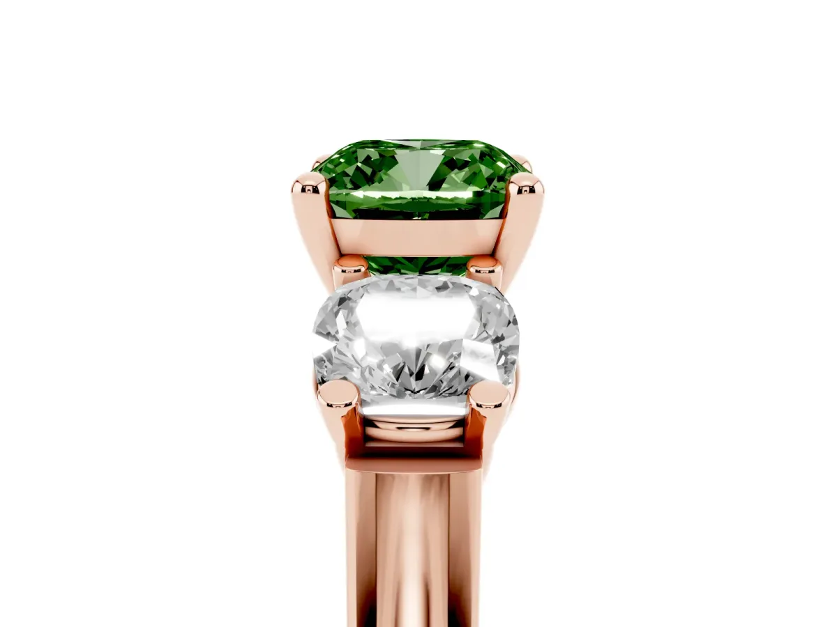 Fancy Green Three-Stone Cushion Cut Brilliant Diamond Trellis Ring with Comfort Fit Band Rose gold