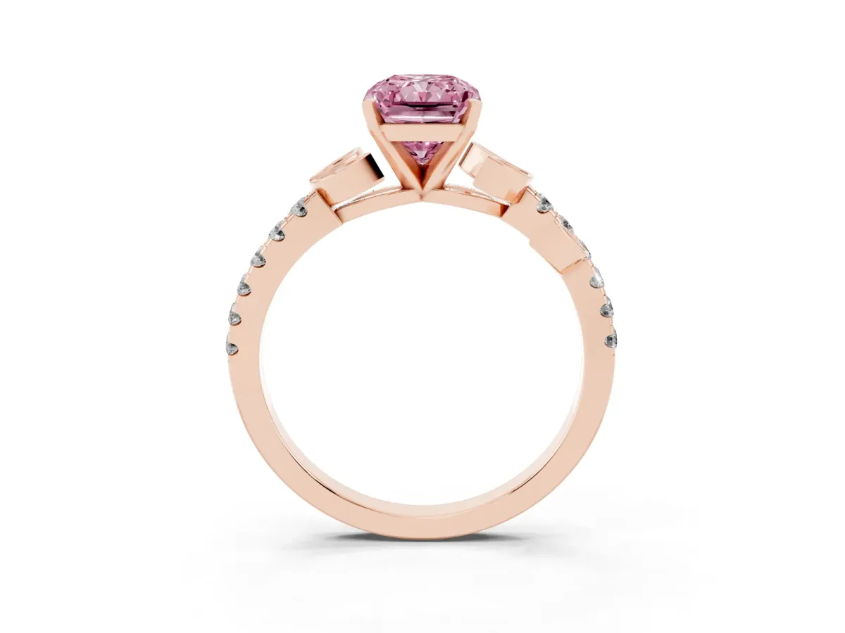 Fancy Pink Radiant Cut Solitaire Leaf-Inspired Diamond Ring with Pavé Band and Four-Prong Setting Rose gold