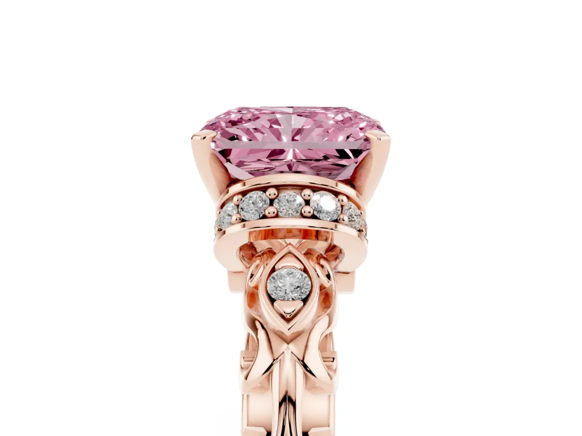 Fancy Pink Radiant Cut Diamond Solitaire Ring with Filigree Band and Four-Prong Setting Rose gold