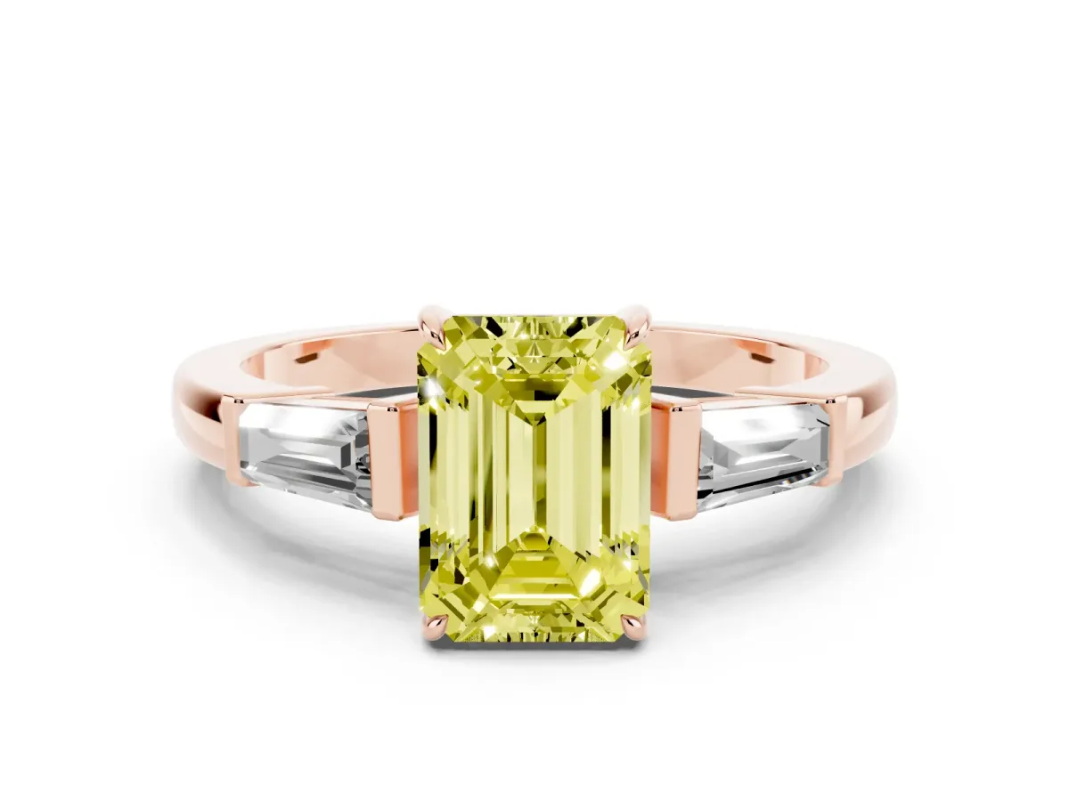Fancy Yellow Emerald Cut Diamond Three-Stone Ring with Tapered Baguette Side Stones and Prong Setting Rose gold