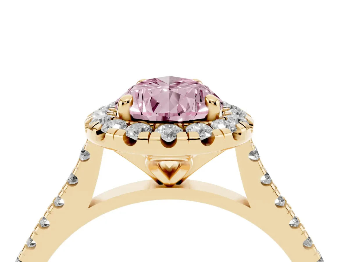 Fancy Pink Pear Cut Diamond Cushion Halo Ring with Pavé Band Yellow gold