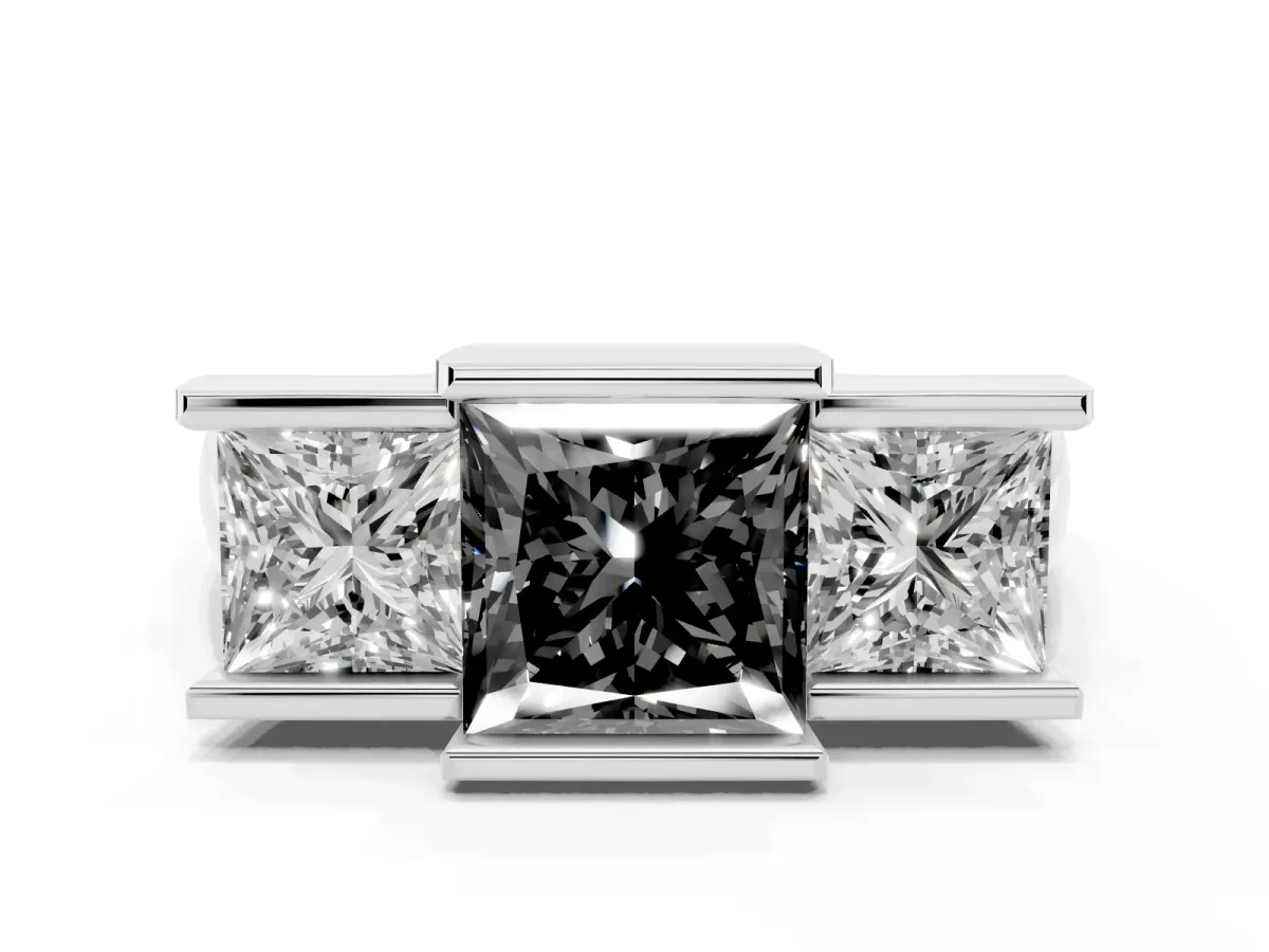 Fancy Black Three Stone Princess Cut Cut Channel Set Diamond Ring Platinum