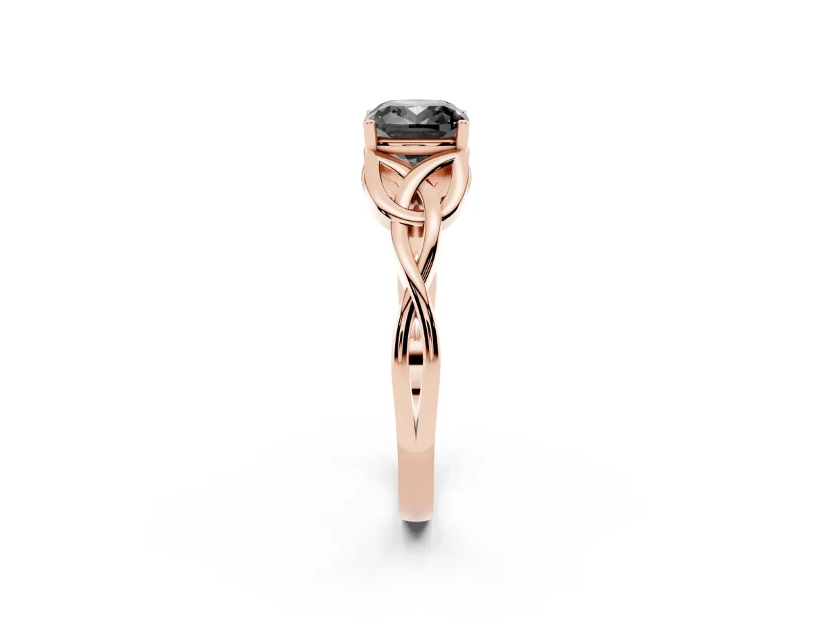 Fancy Black Cushion Cut Diamond Solitaire Engagement Ring with Celtic Knot Band and Four-Prong Setting Rose gold