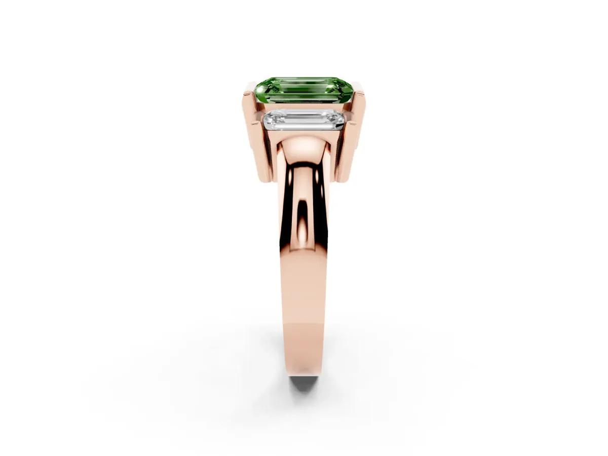 Fancy Green Three Stone Emerald Cut Cut Channel Set Diamond Ring Rose gold