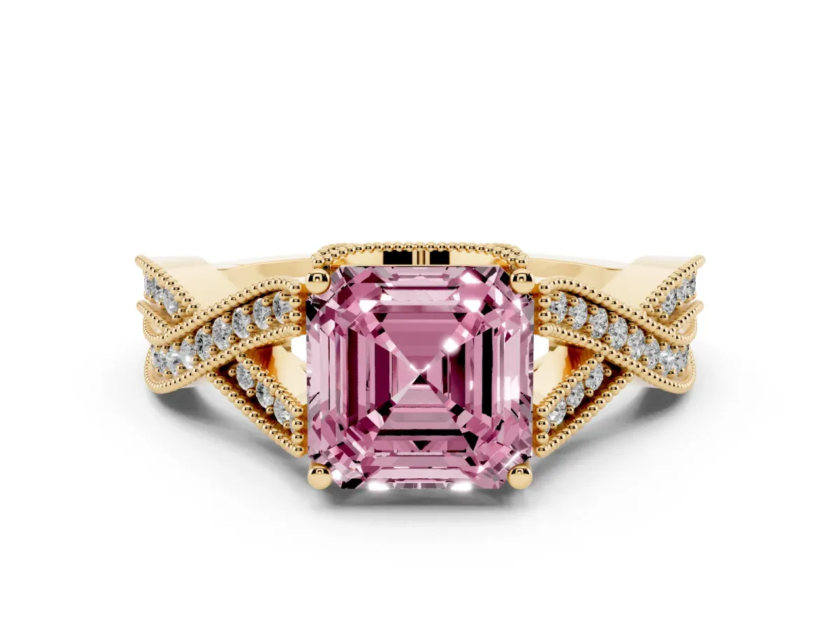 Fancy Pink Asscher Cut Cut Diamond Twisted Band with Milgrain Pave Setting and Four-Prong Setting Yellow gold