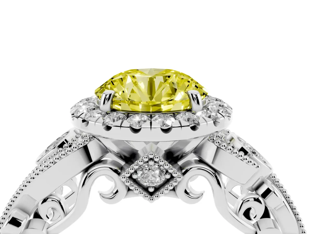 Fancy Yellow Round Cut Diamond Halo Ring with Milgrain Pavé Band and Four-Prong Setting Silver