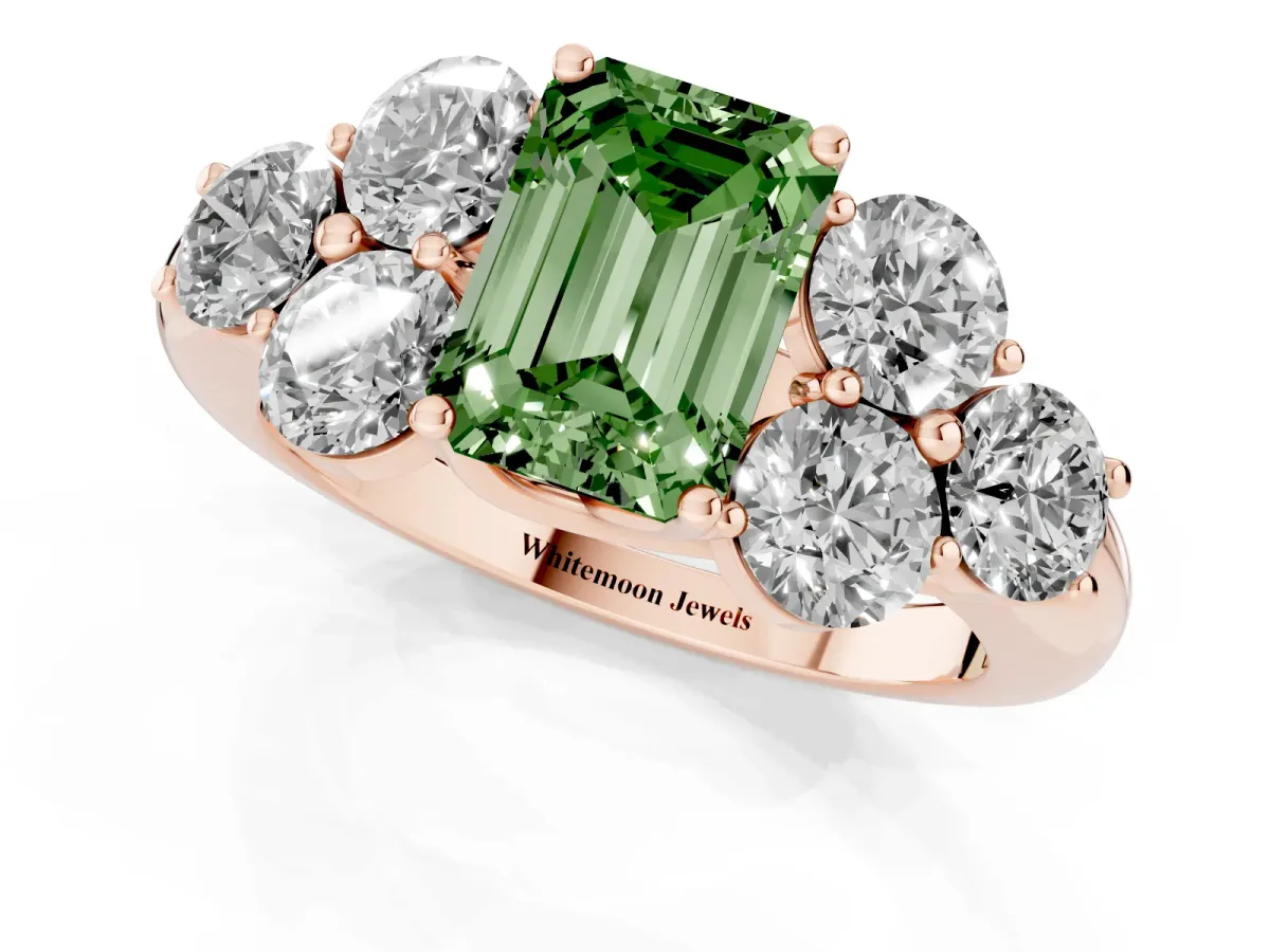 Fancy Green Emerald Cut Cut Diamond Cluster Ring with Round Accent Stones and Prong Setting on a Classic Band Rose gold