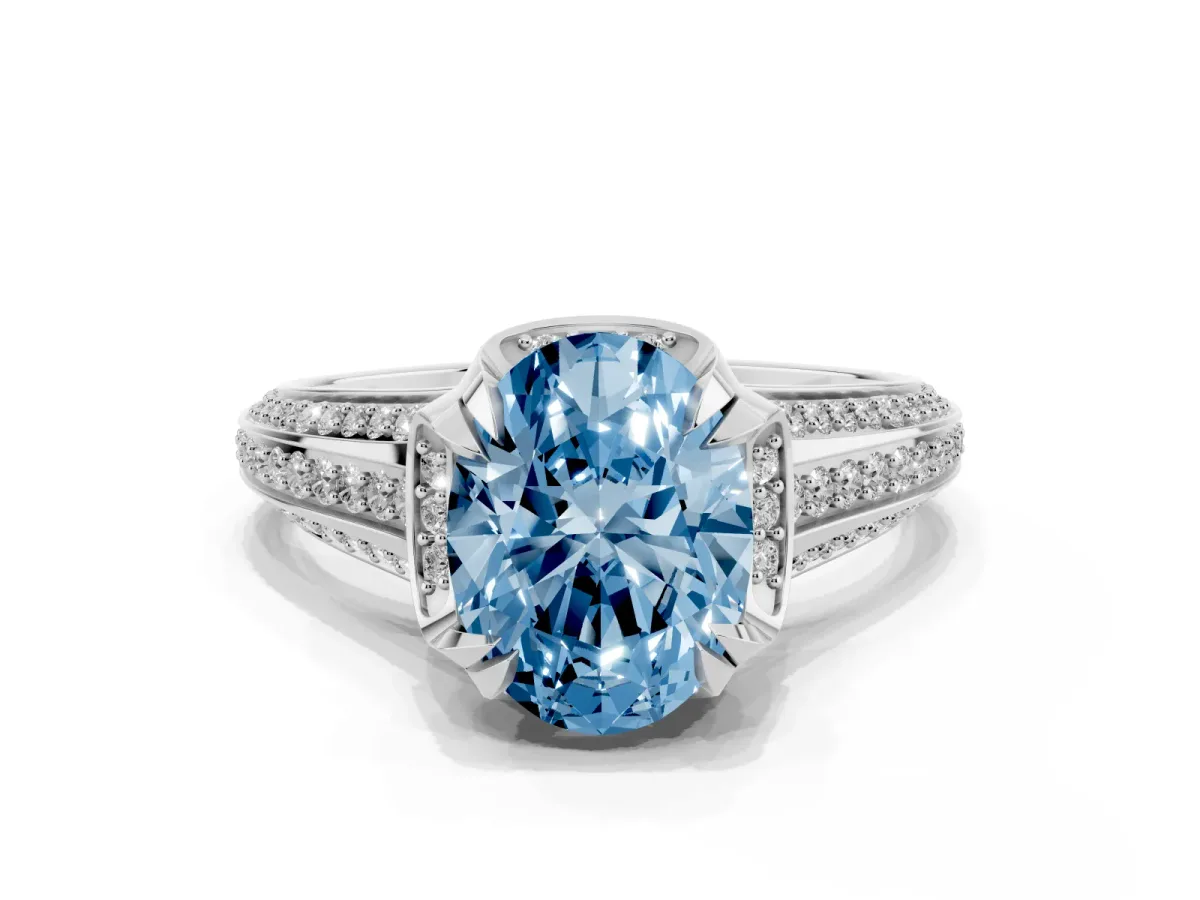 Fancy Blue Oval Cut Solitaire Pave Split Shank Ring with Four-Prong Setting White gold