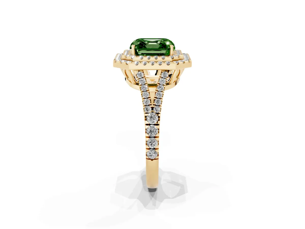 Fancy Green Asscher Cut Diamond Double Halo Ring with Pavé Band and Prong Setting Yellow gold