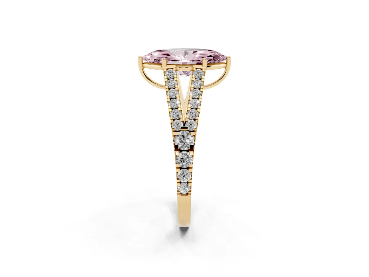 Fancy Pink Marquise Cut Diamond Split Shank Engagement Ring with Round Pavé and Prong Setting Yellow gold