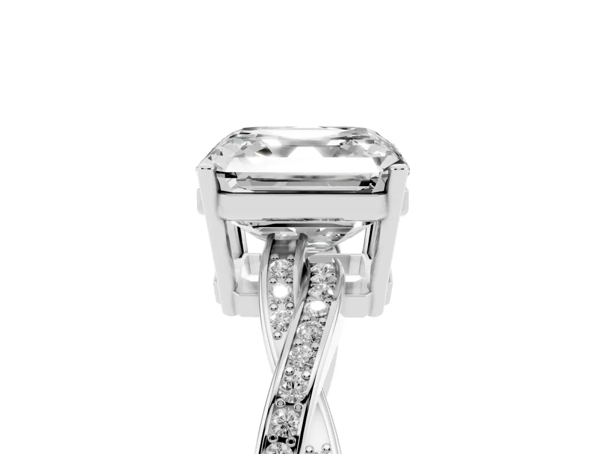 Asscher Cut Solitaire Twisted Pave Diamond Ring with Four-Prong Setting Platinum