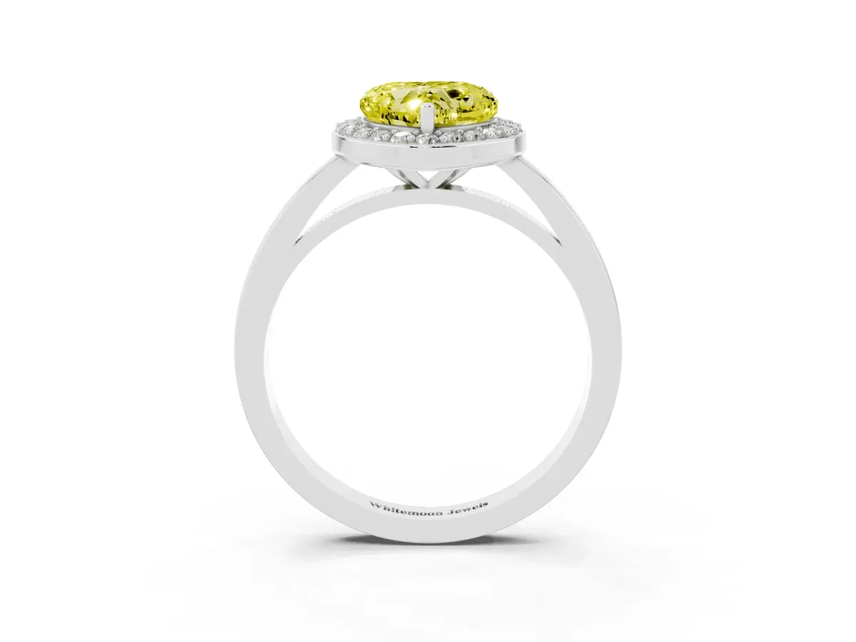 Fancy Yellow Heart Cut Halo Diamond Ring with Solitaire Band and Prong Setting Silver