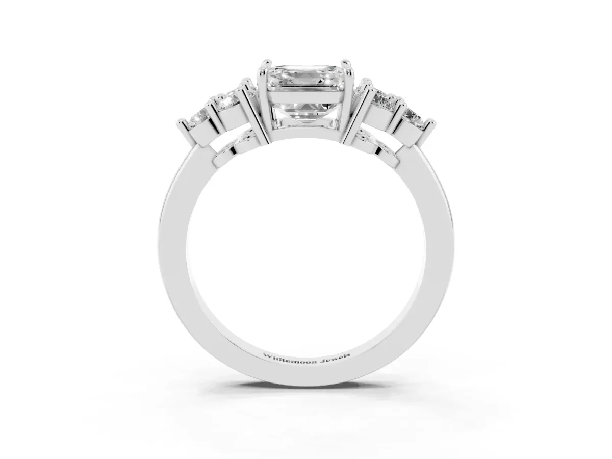 Asscher Cut Brilliant Diamond Cluster Accent Solitaire Ring with Prong Setting Platinum