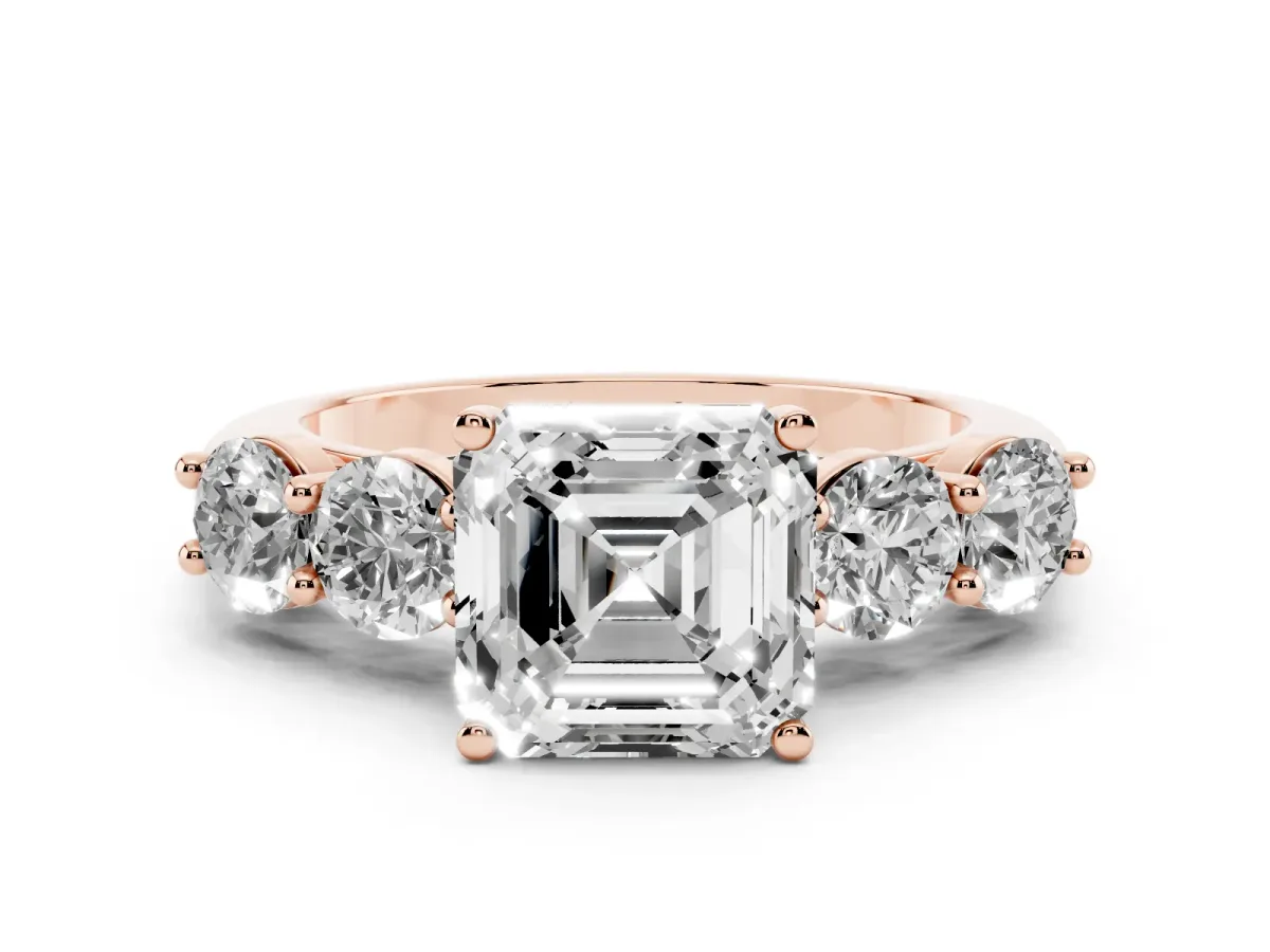 Asscher Cut Cut Five-Stone Prong Set Diamond Ring with Classic Band Rose gold