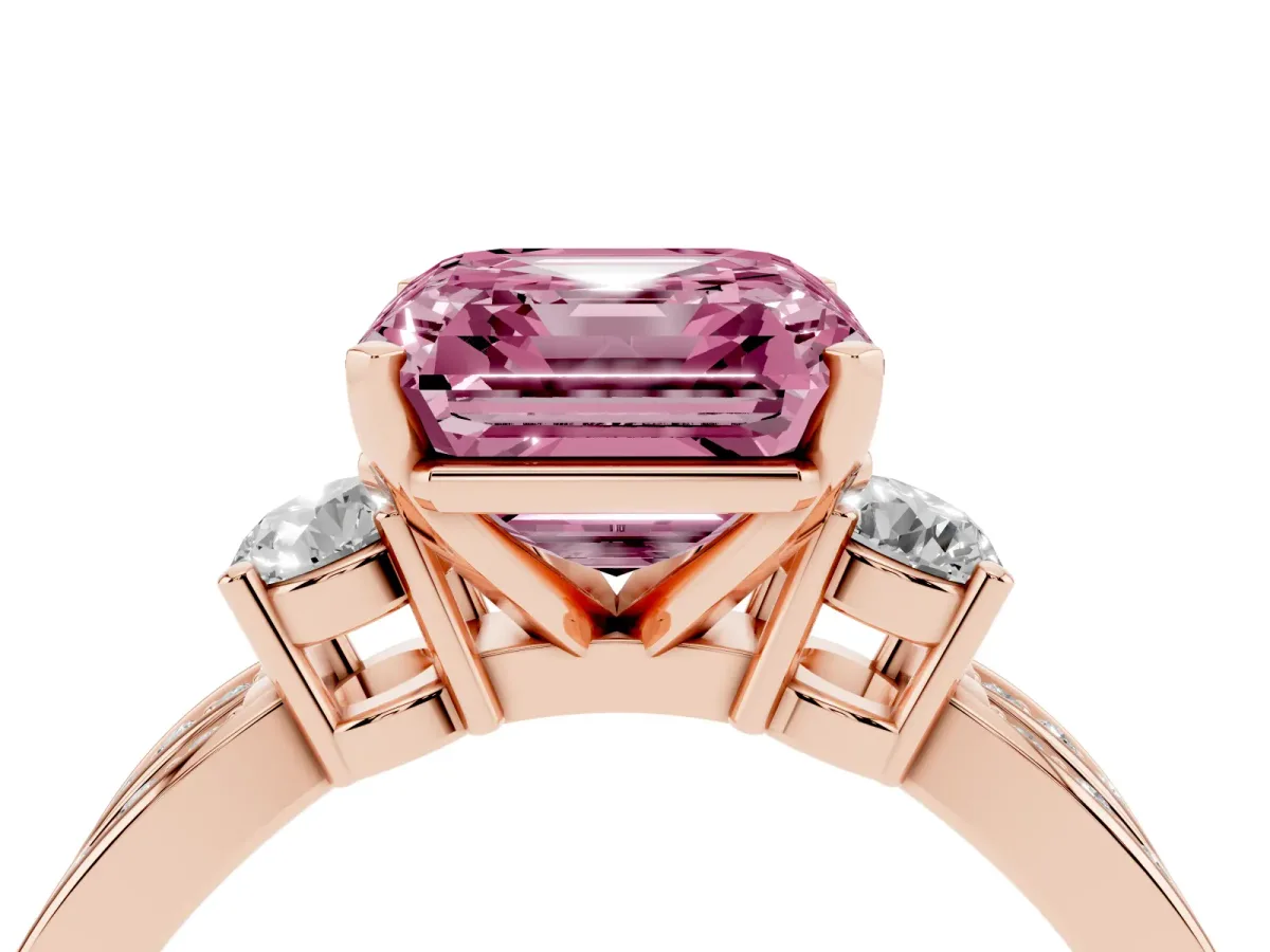 Fancy Pink Three-Stone Asscher Cut Cut Diamond Twist Band with Prong Setting Rose gold