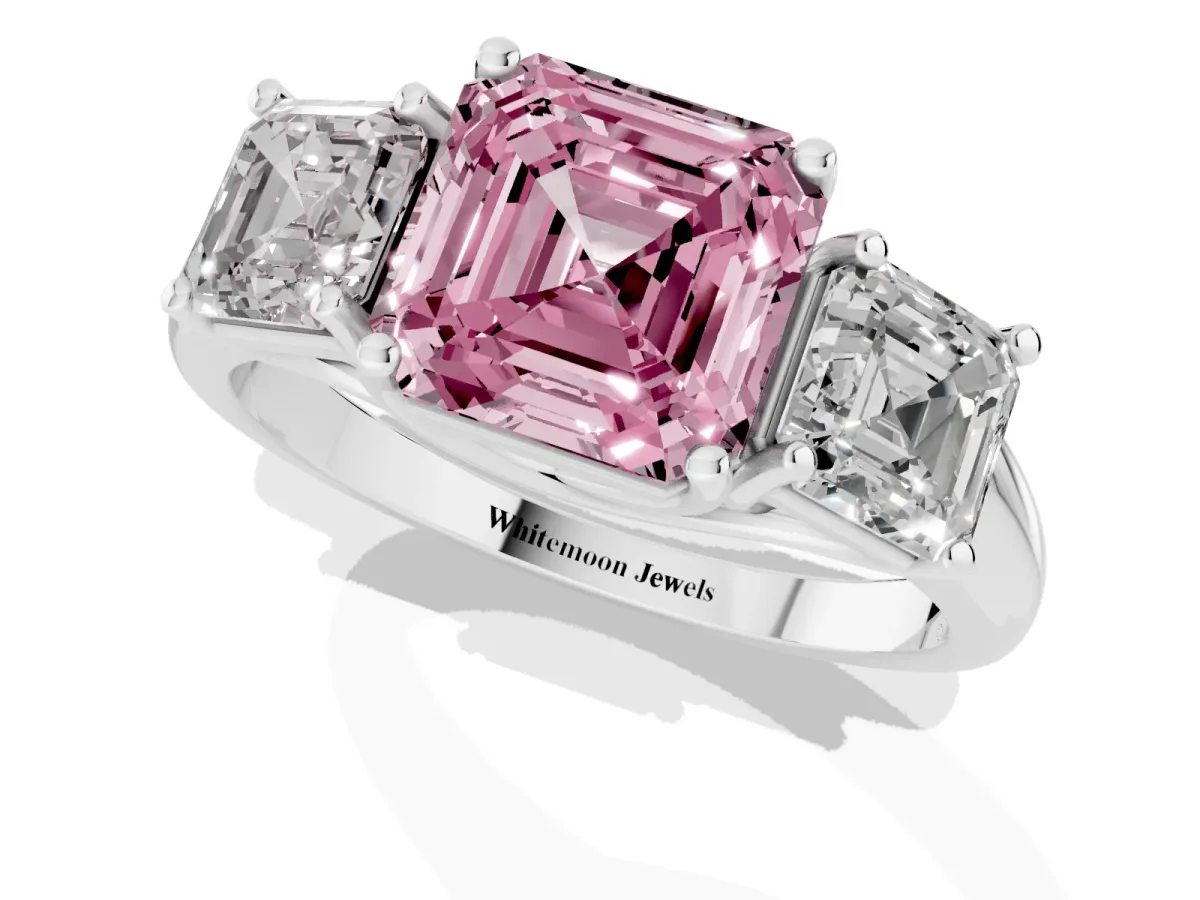 Fancy Pink Three-Stone Asscher Cut Diamond Engagement Ring with Prong Setting Silver