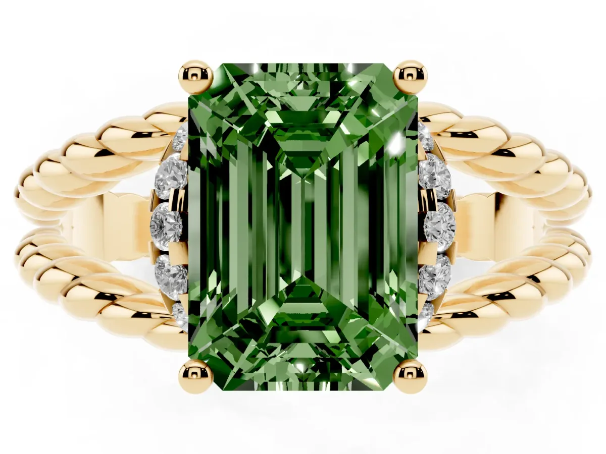 Fancy Green Emerald Cut Halo Twisted Band Four-Prong Ring Yellow gold