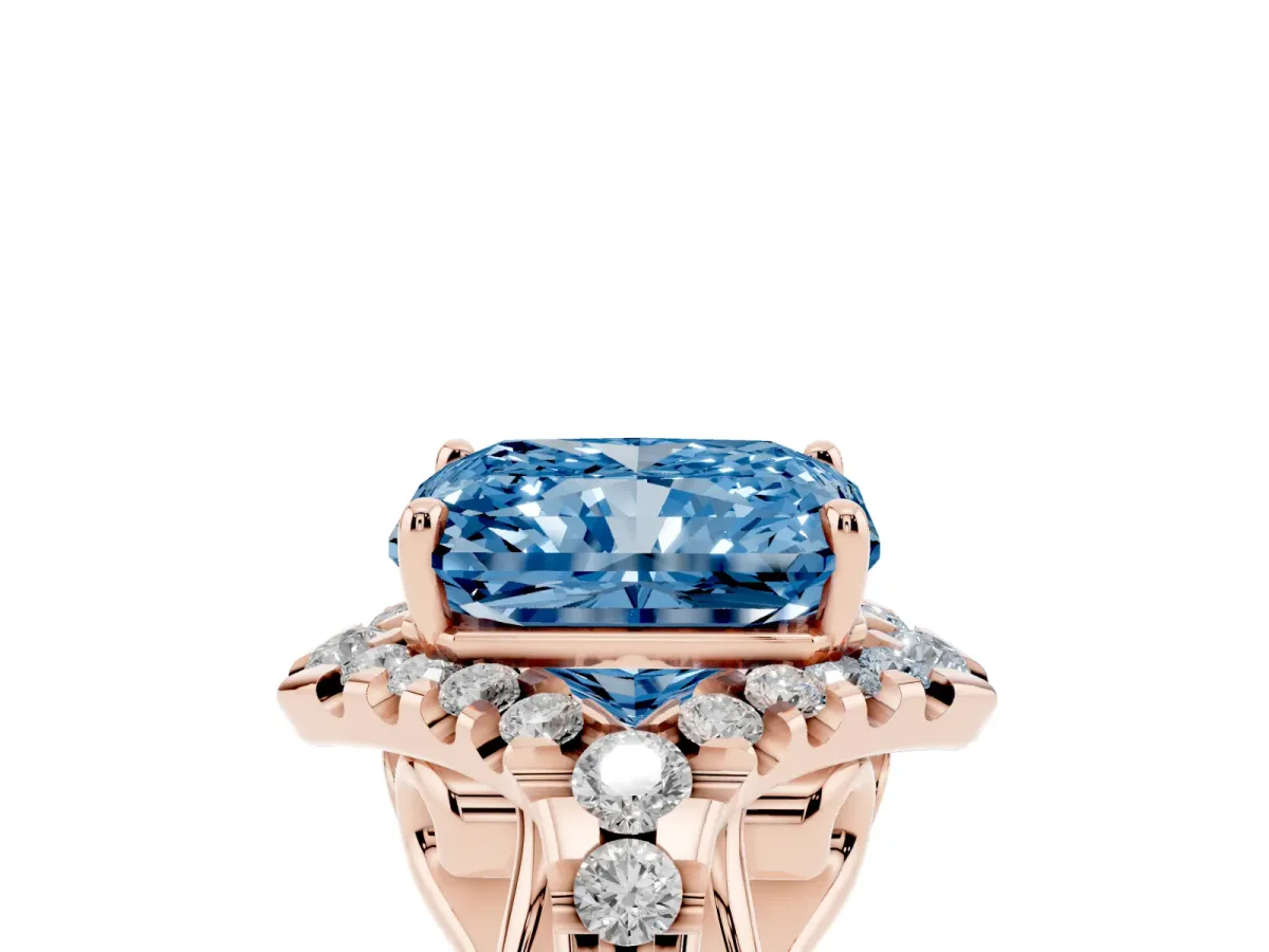 Fancy Blue Radiant Cut Diamond Solitaire Ring with Hidden Halo and Pavé Band Rose gold