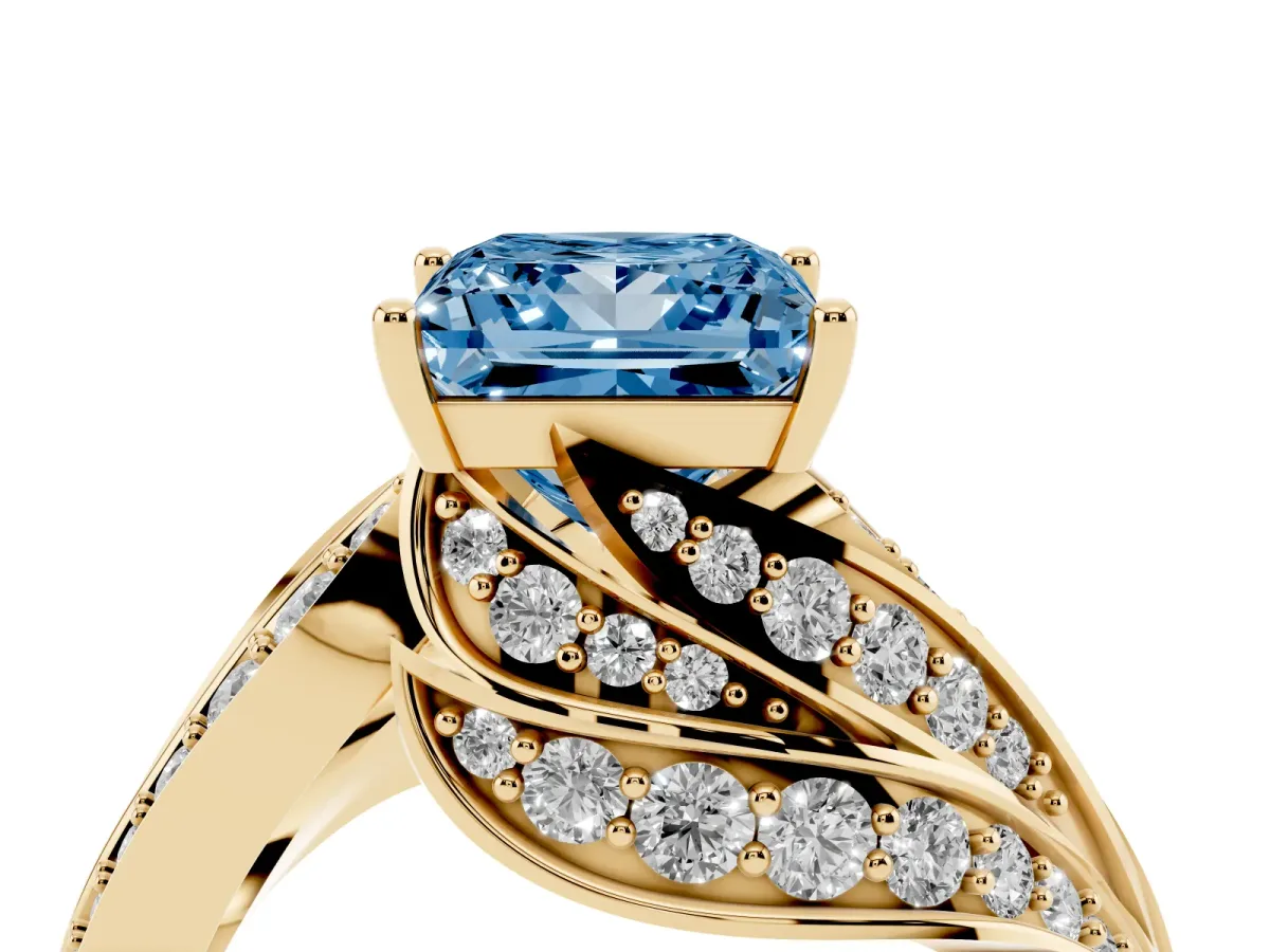 Fancy Blue Princess Cut Diamond Solitaire Ring with Prong Setting and Twisted Pavé Band Yellow gold