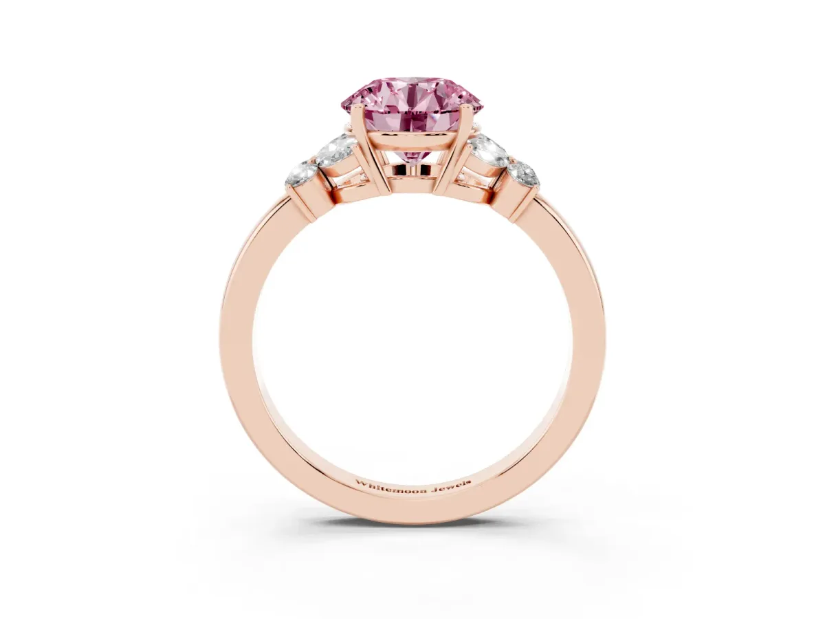 Fancy Pink Round Cut Cut Solitaire Floral Diamond Ring with Four-Prong Setting Rose gold