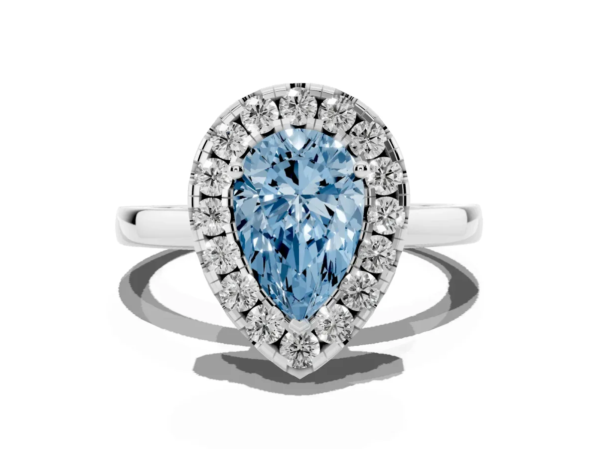 Fancy Blue Pear Cut Halo Diamond Solitaire with Pavé Band and Four-Prong Setting Silver
