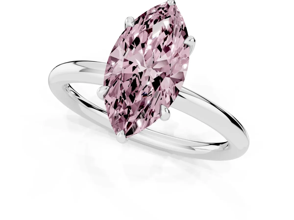 Fancy Pink Marquise Cut Diamond Solitaire Ring with Thin Band and Four-Prong Setting Silver