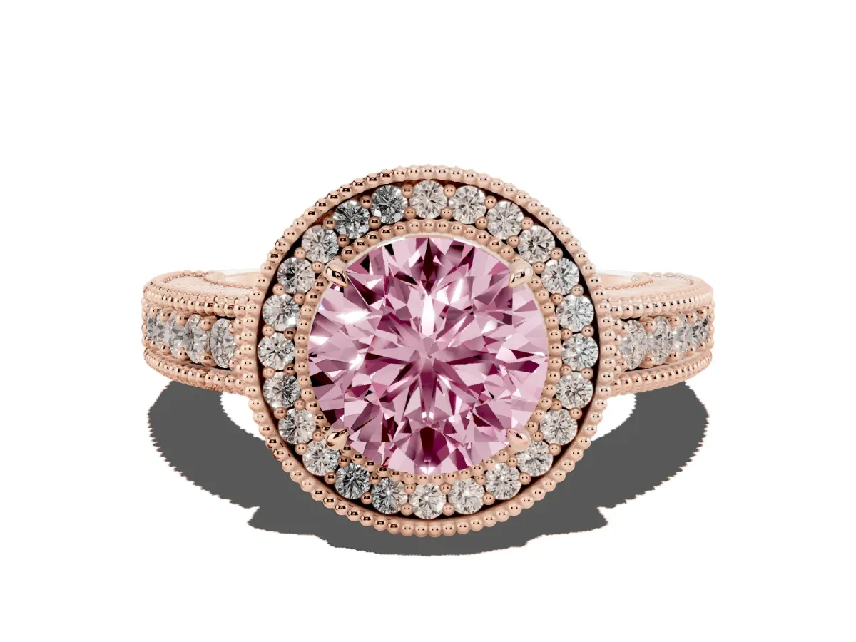 Fancy Pink Round Cut Cut Halo Diamond Ring with Pavé Band and Four-Prong Setting Rose gold