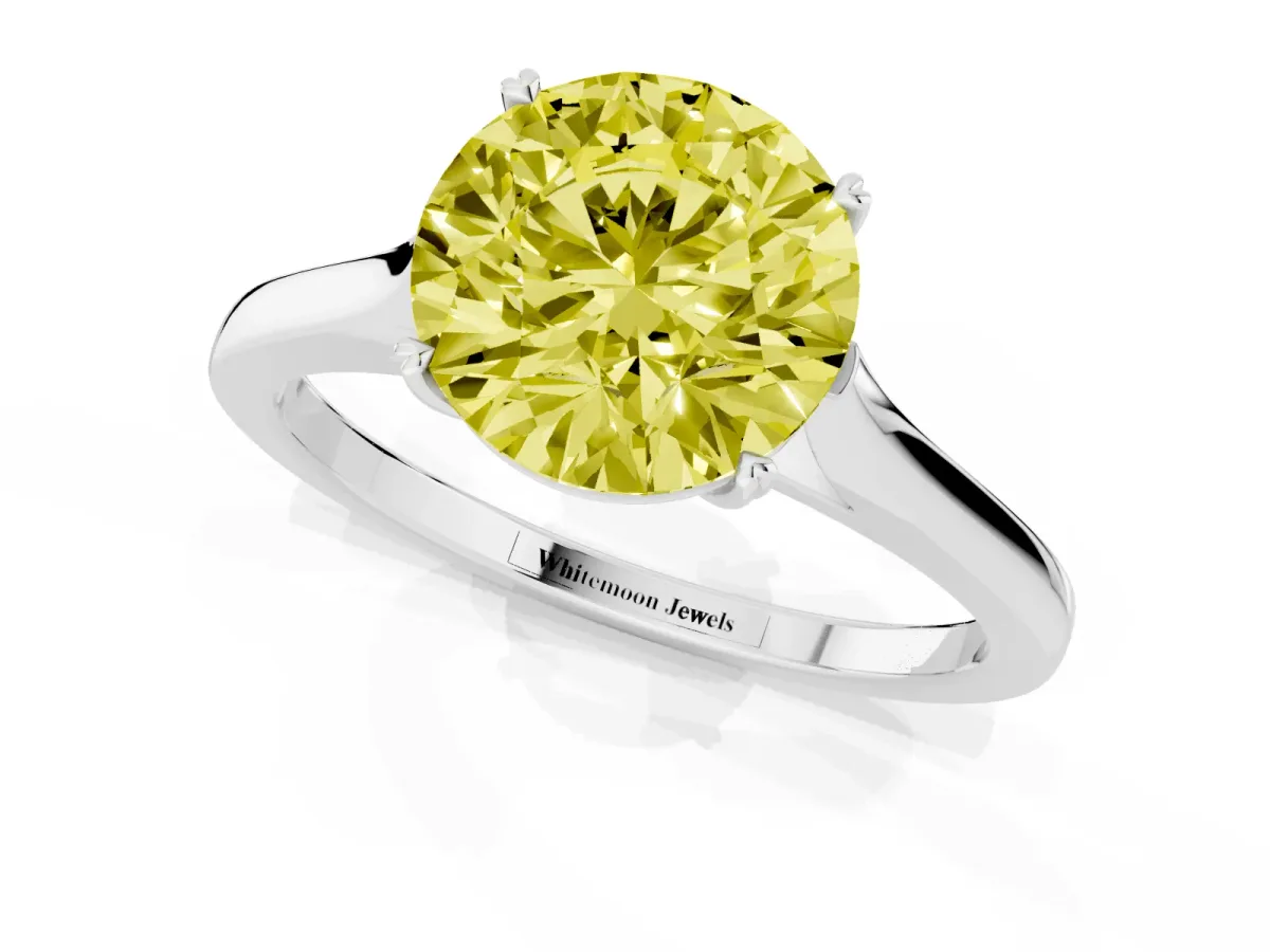 Fancy Yellow Round Cut Solitaire Heart Prong Engagement Ring with Tapered Band White gold