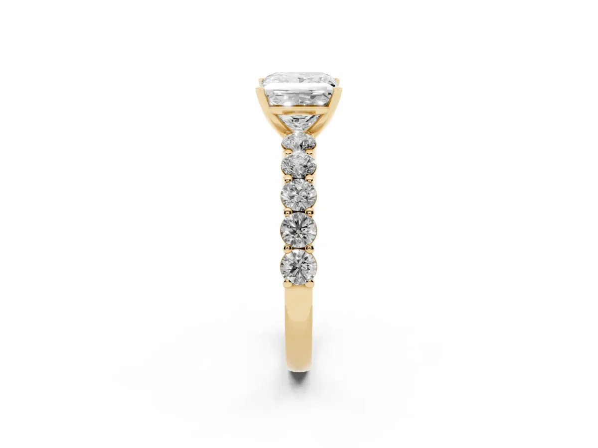 Princess Cut Diamond Solitaire Ring with Shared Prong Round Side Stones Yellow gold