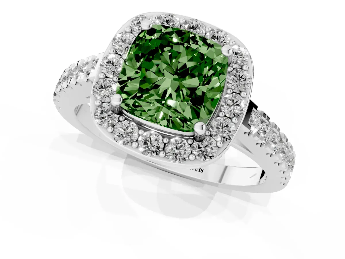 Fancy Green Cushion Cut Diamond Halo Ring with Round Pavé Split Shank and Prong Setting Silver