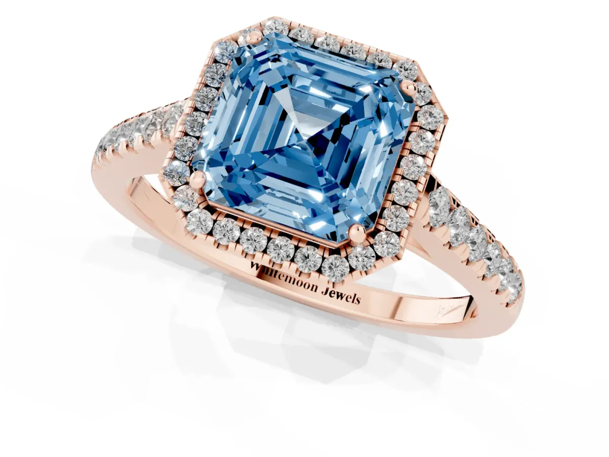 Fancy Blue Asscher Cut Halo Pave Diamond Engagement Ring with Four-Prong Setting Rose gold