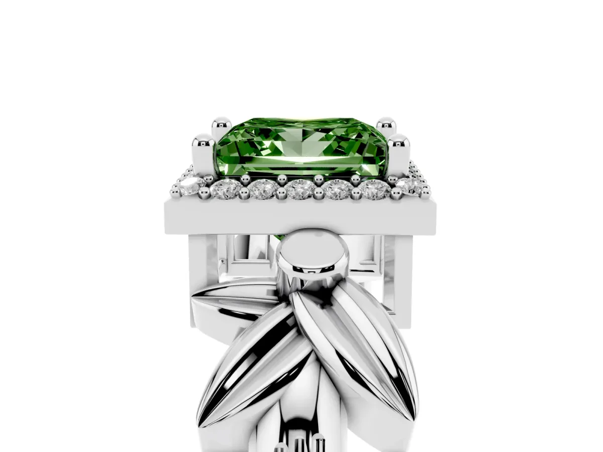 Fancy Green Princess Cut Halo Diamond Floral Band with Four-Prong Setting Silver