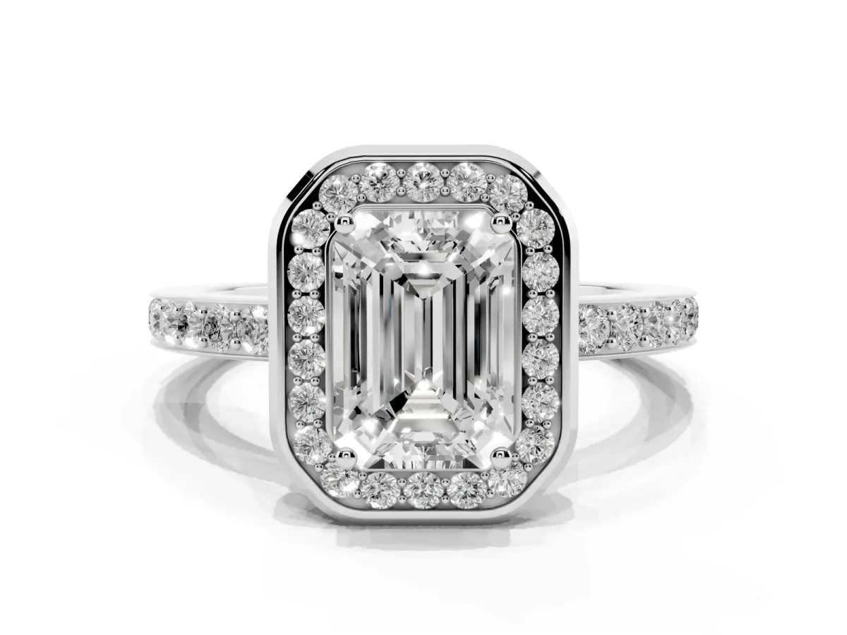 Emerald Cut Diamond Halo Ring with Bezel Frame and Pavé Band Platinum