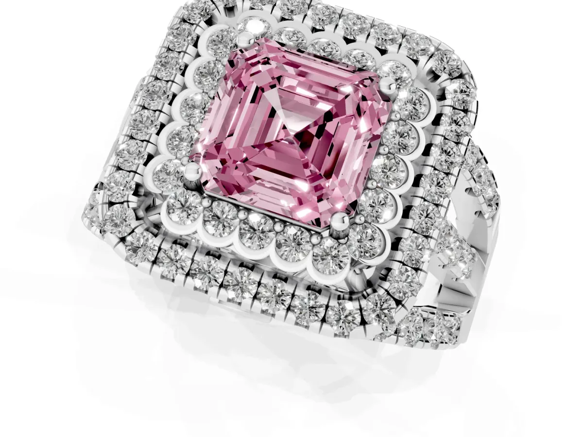 Fancy Pink Asscher Cut Diamond Double Halo Ring with Round Pavé Split Shank and Prong Setting Silver