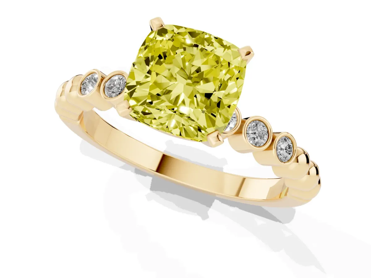 Fancy Yellow Cushion Cut Solitaire Bezel Accent Diamond Engagement Ring with Beaded Band and Four-Prong Setting Yellow gold