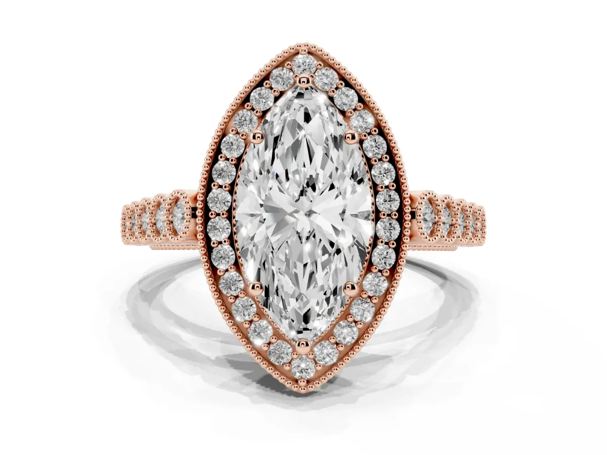 Marquise Cut Halo Milgrain Solitaire with Bezel Set Side Stones and Pave Band Rose gold