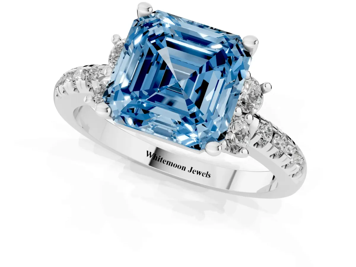 Fancy Blue Asscher Cut Diamond Three-Stone Pave Band with Four-Prong Setting Platinum