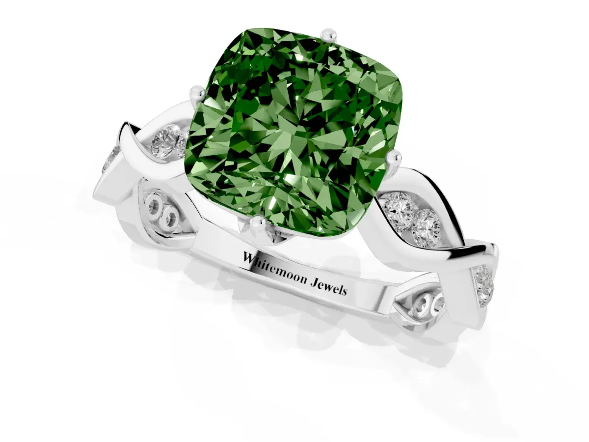 Fancy Green Cushion Cut Solitaire Twist Band with Leaf Prong Setting Silver