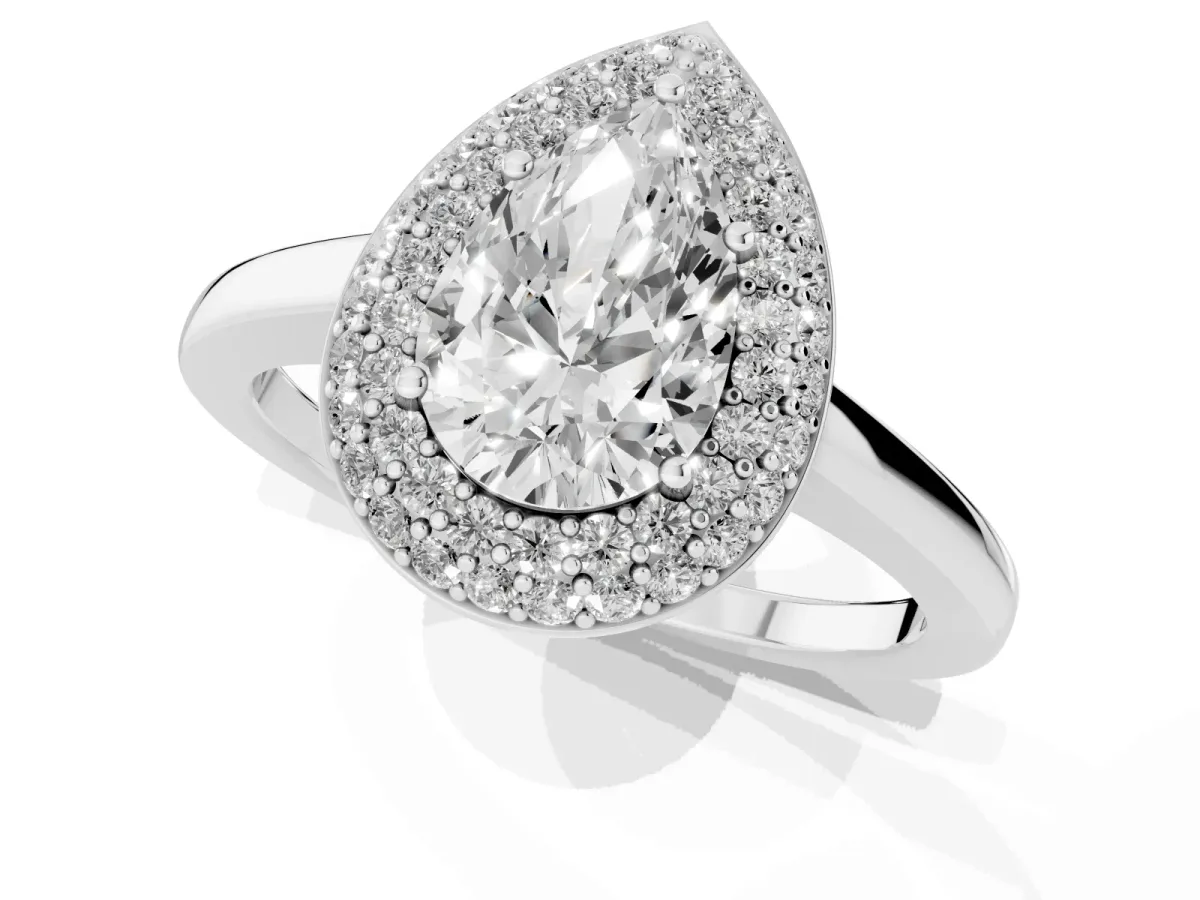 Pear Cut Halo Diamond Engagement Ring with Solitaire Band and Four-Prong Setting Silver