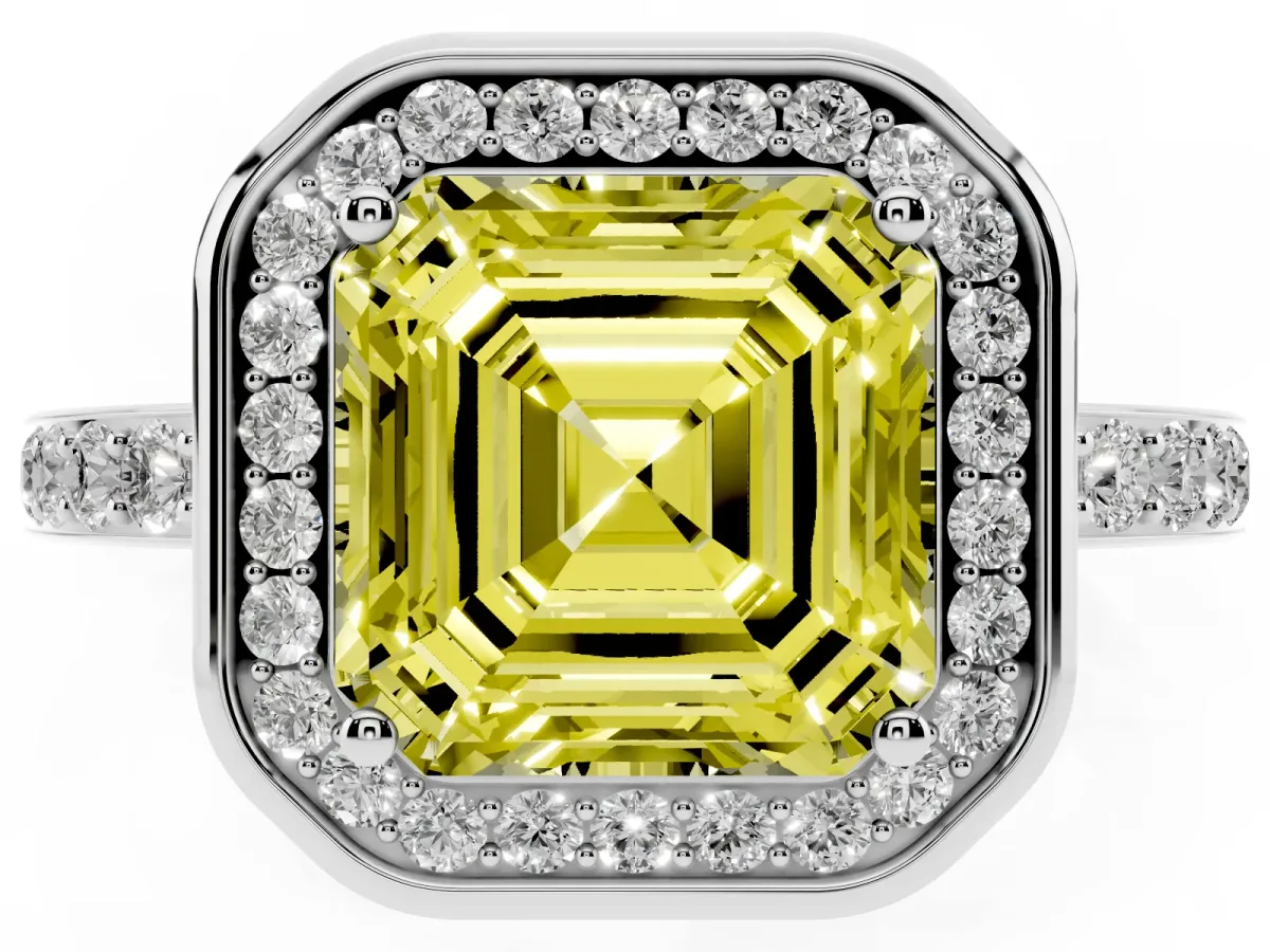 Fancy Yellow Asscher Cut Diamond Halo Ring with Bezel Frame and Pavé Band Silver