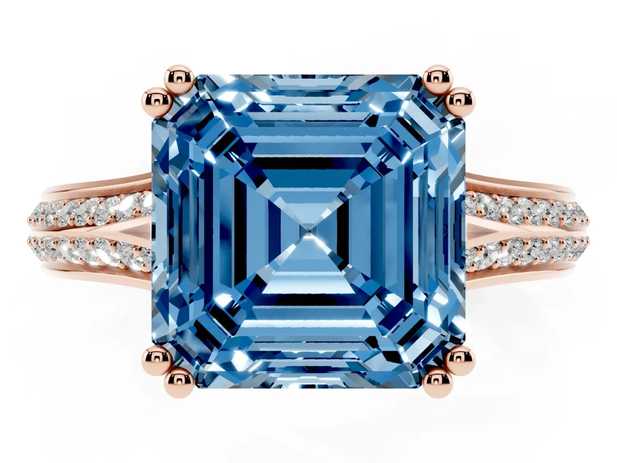 Fancy Blue Asscher Cut Diamond Split Shank Engagement Ring with Pavé Band Rose gold