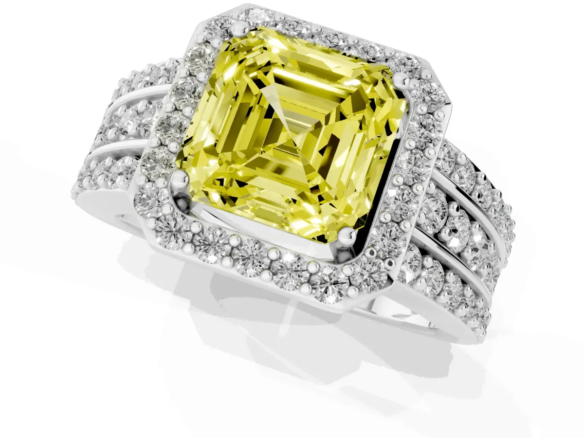 Fancy Yellow Asscher Cut Halo Diamond Ring with Round Split Shank and Prong Setting Platinum