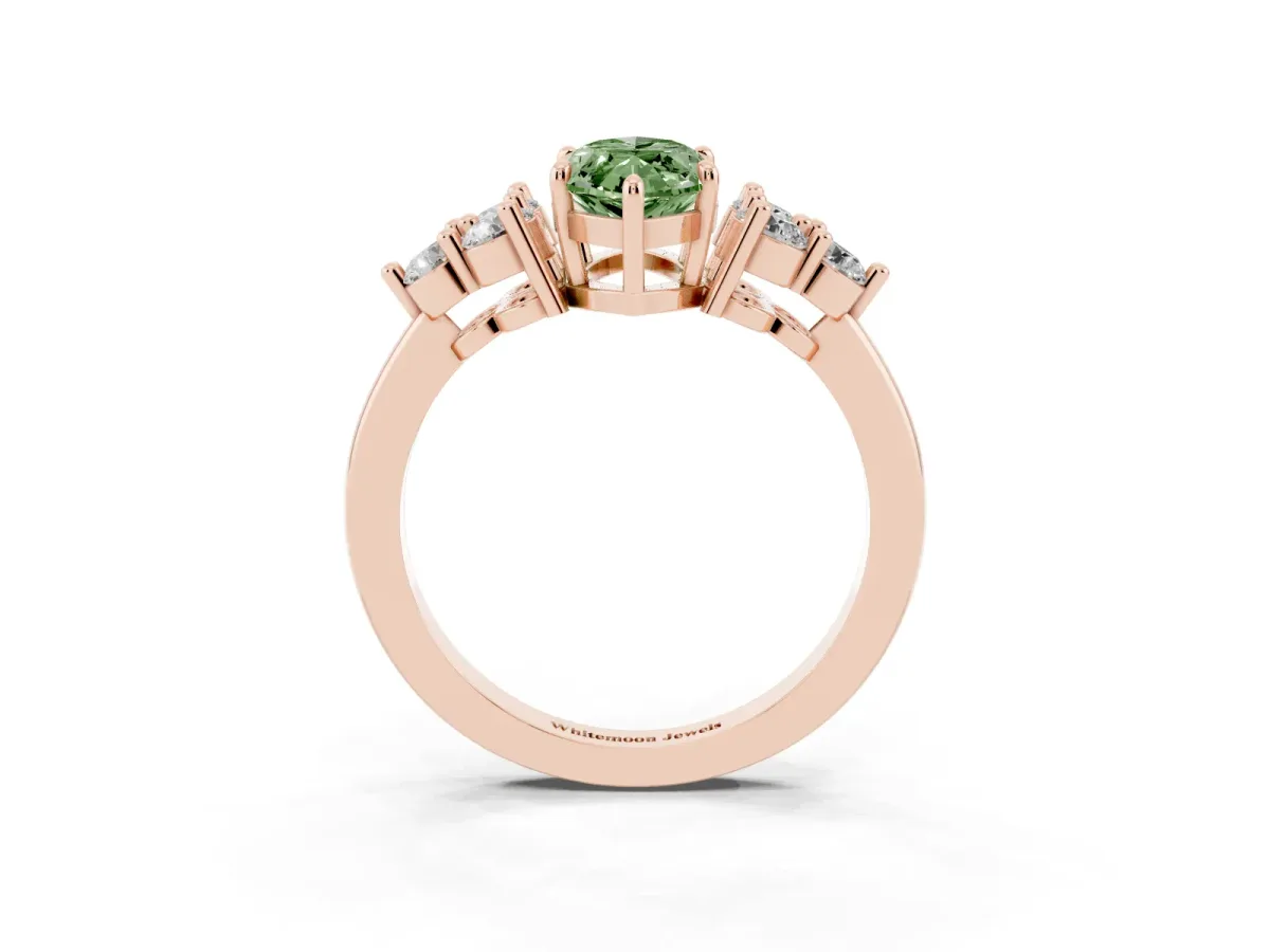 Fancy Green Marquise Cut Brilliant Diamond Cluster Accent Solitaire Ring with Prong Setting Rose gold
