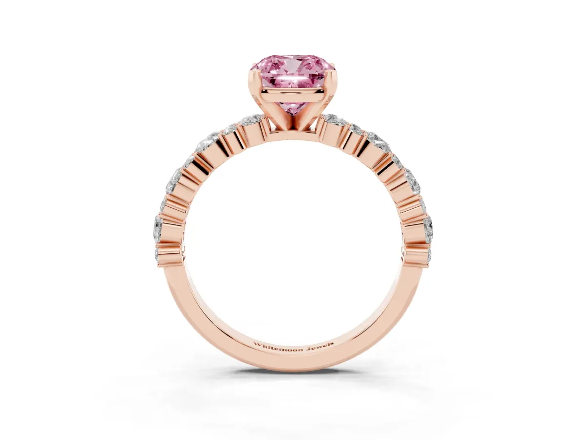 Fancy Pink Cushion Cut Diamond Side Stone Solitaire Ring with Round and Four-Prong Setting Rose gold